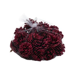 A mesh bag filled with deep red, decorative pine cones.