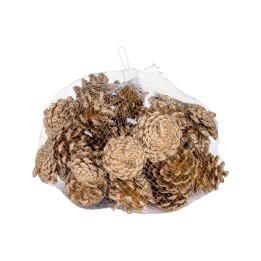 A mesh bag filled with various natural pine cones in warm brown tones.