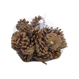 Een net gevuld met verschillende dennenappels in bruine en beige tinten.
