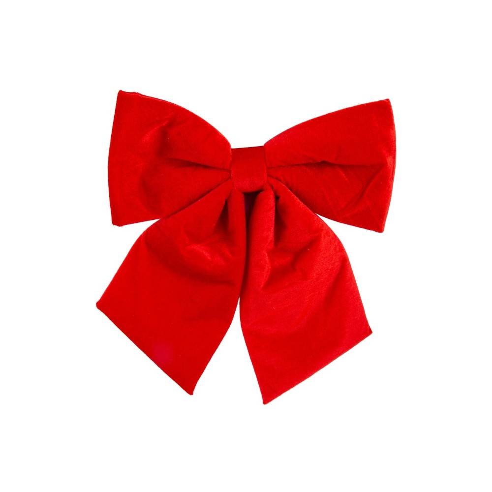 A vibrant red fabric bow with wide, flowing loops and a central knot.