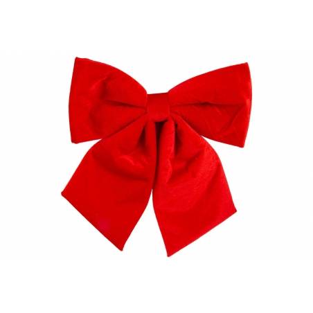 A vibrant red fabric bow with wide, flowing loops and a central knot.