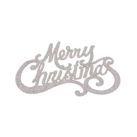 A shimmering silver "Merry Christmas" in an elegant, flowing script.