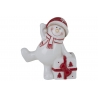 A cheerful ceramic snowman in red and white, waving with a gift beside him.