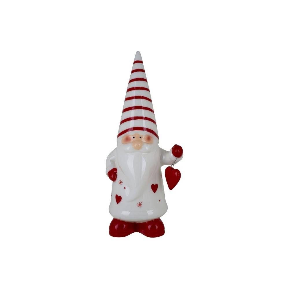 A whimsical gnome in red and white stripes, holding a heart-shaped ornament.