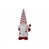 Een vrolijke kerstman met een gestreepte puntmuts en hartjes, in wit en rood.