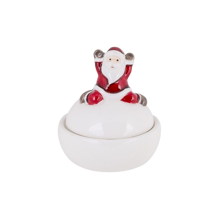Witte porseleinen schaal met een feestelijke kerstman bovenop in rood en grijs.