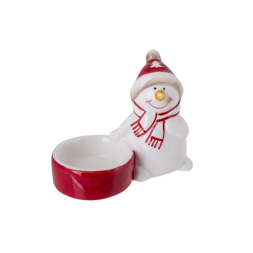 A cheerful ceramic snowman in a red hat, with a bowl for snacks or treats.