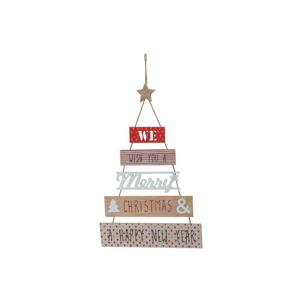A festive wooden wall sign with layered messages in red, white, and natural wood tones.