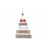 A festive wooden wall sign with layered messages in red, white, and natural wood tones.