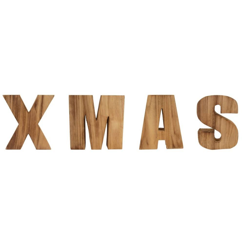 Wooden letters spelling "XMAS" in a natural finish, showcasing a warm, rustic style.