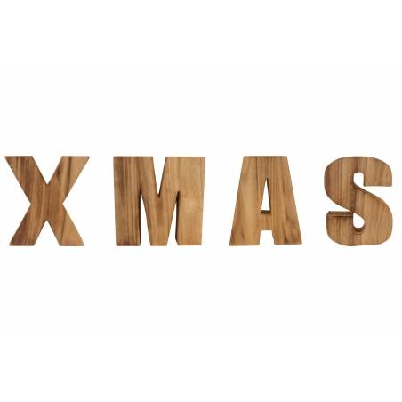 Houten letters vormen het woord 'XMAS' in een natuurlijke, warme tint.