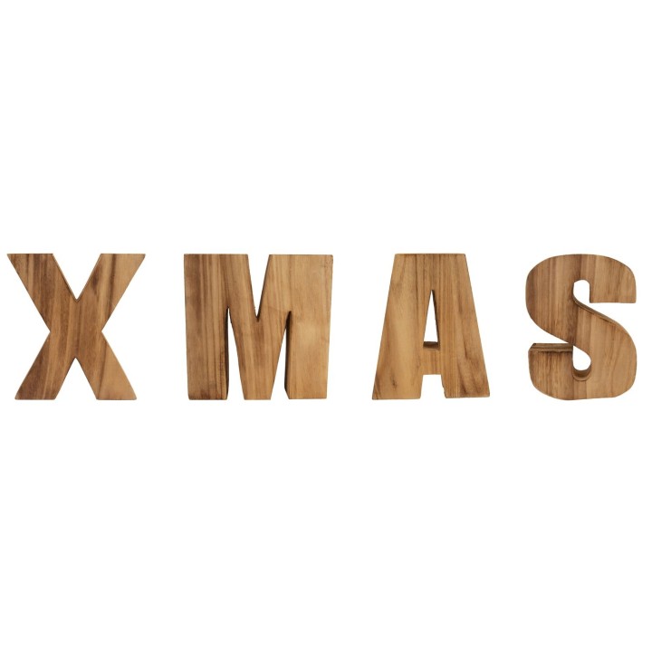 Houten letters vormen het woord 'XMAS' in een natuurlijke, warme tint.
