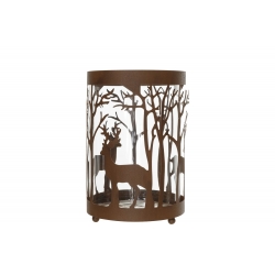 A rustic candle holder with deer silhouettes amidst tree designs, blending metal and glass.