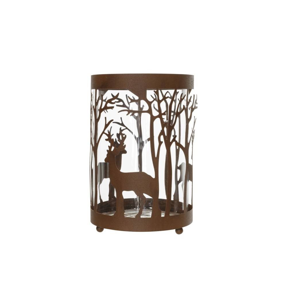 A rustic candle holder with deer silhouettes amidst tree designs, blending metal and glass.