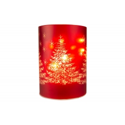 A red, cylindrical lantern featuring snowy Christmas trees and glowing lights.