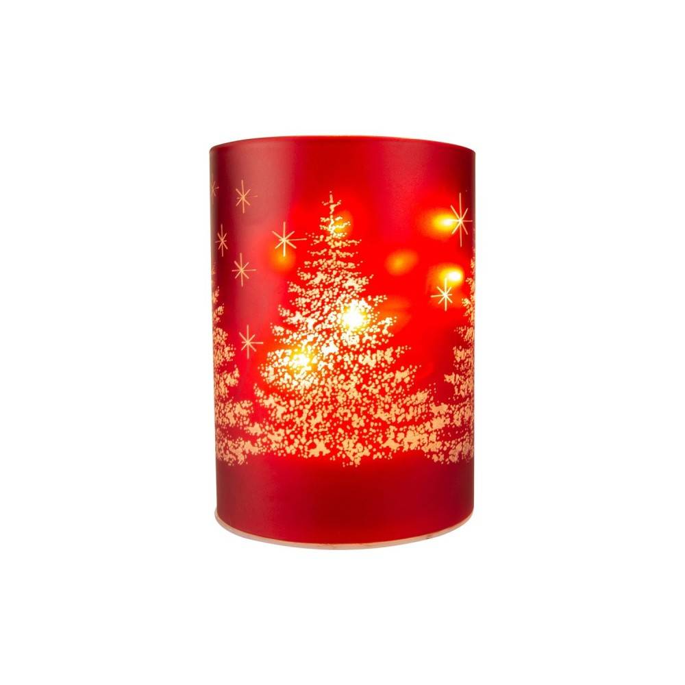A red, cylindrical lantern featuring snowy Christmas trees and glowing lights.