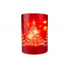A red, cylindrical lantern featuring snowy Christmas trees and glowing lights.