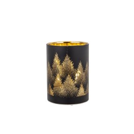 Zwarte kaarsenhouder met gouden dennenbomen in een elegante, sfeervolle stijl.