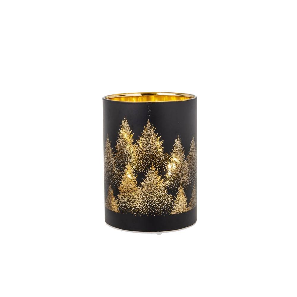 Black candle holder adorned with golden tree silhouettes, creating a festive glow.