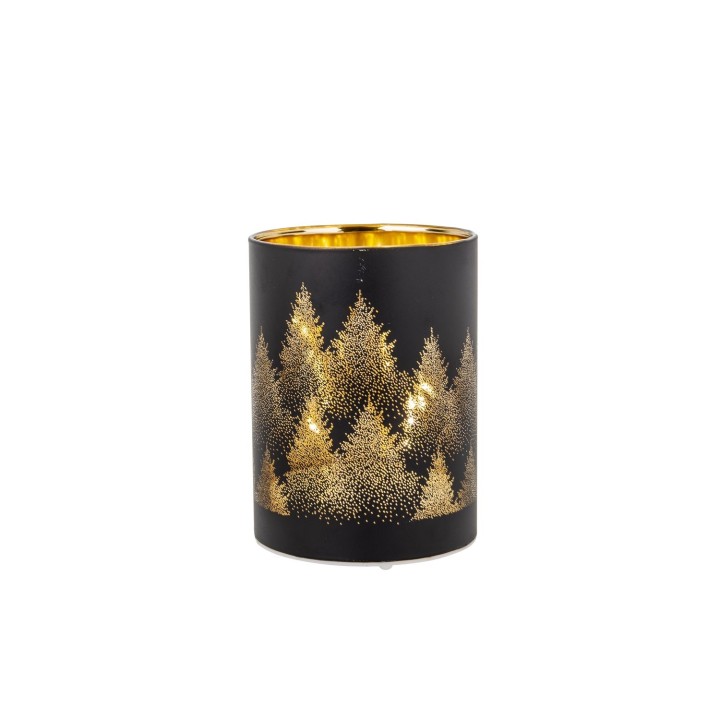 Zwarte kaarsenhouder met gouden dennenbomen in een elegante, sfeervolle stijl.