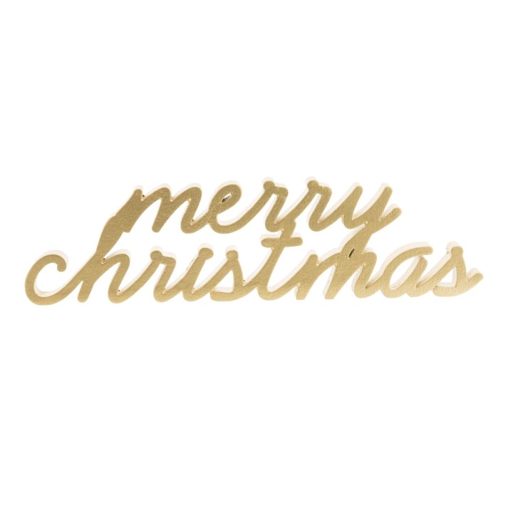 Gouden, sierlijke tekst met de woorden "merry christmas" in een elegante, vloeiende stijl.