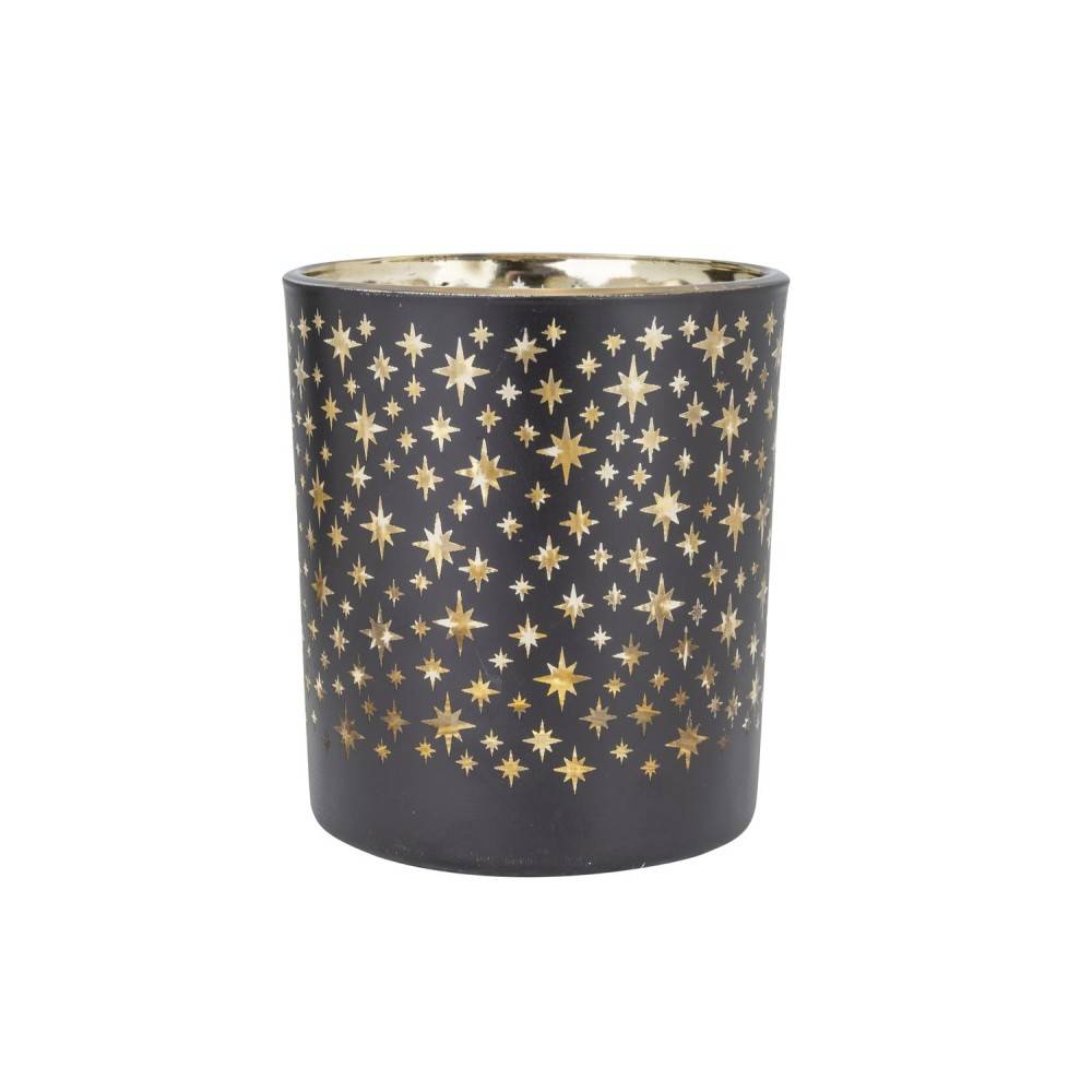 A black candle holder adorned with golden star patterns, creating a shimmering effect.