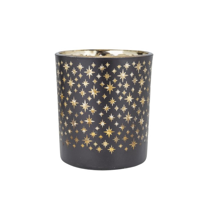 Zwarte kaarsenhouder met gouden sterrenmotief, elegant en sfeervol voor elke ruimte.