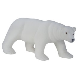 Een witte, platte ijsbeer van hard plastic met een stevige, gestileerde vorm.