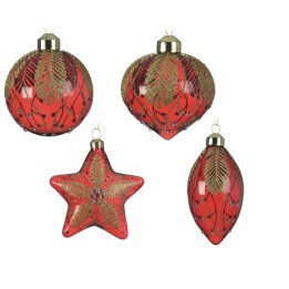 Vier feestelijke kerstballen in rood, versierd met gouden bladeren en glinsterende details.