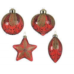Four festive red ornaments: round, teardrop, and star shapes adorned with gold patterns and beads.