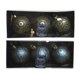 Zwarte kerstballen met gouden en blauwe sneeuwvlokpatronen, verpakt in een elegante doos.