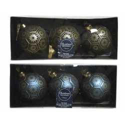 Elegant blue and gold Christmas ornaments in a decorative box, featuring snowflake patterns.