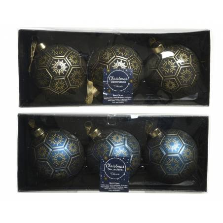 Elegant blue and gold Christmas ornaments in a decorative box, featuring snowflake patterns.