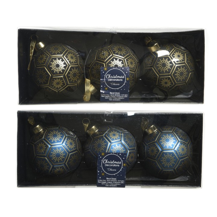 Zwarte kerstballen met gouden en blauwe sneeuwvlokpatronen, verpakt in een elegante doos.