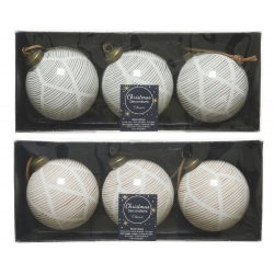 Six decorative Christmas ornaments in white with gold accents and intricate patterns.