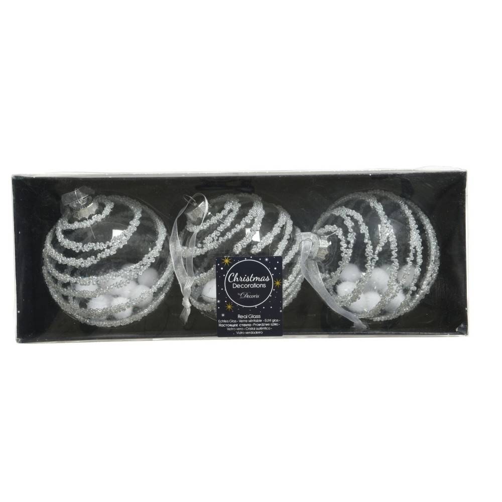 Three elegant, white Christmas ornaments with silver swirls in a sleek black box.