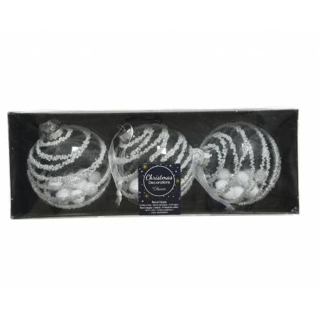 Three elegant, white Christmas ornaments with silver swirls in a sleek black box.
