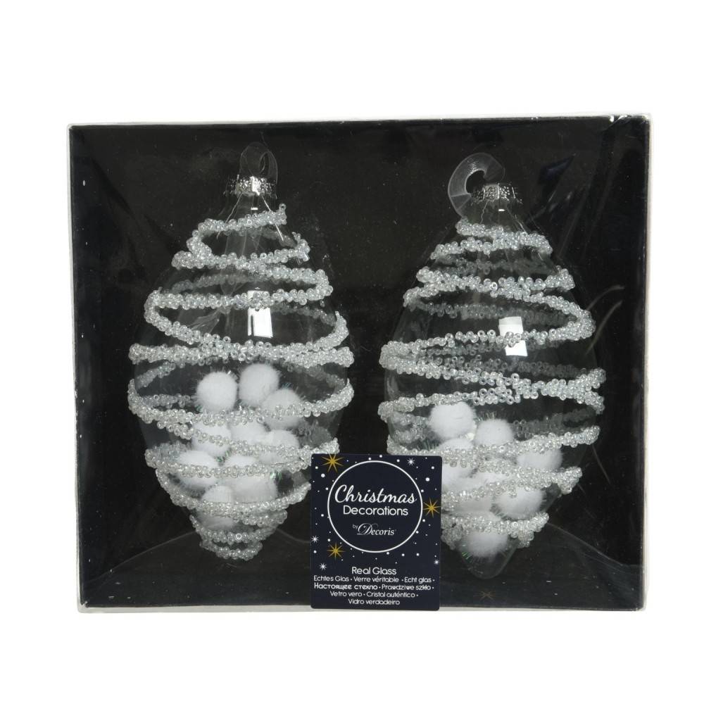 Two decorative Christmas ornaments, shaped like pine cones, adorned with white beads and fluffy p...