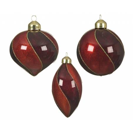 Three festive ornaments in deep red and gold, featuring elegant swirls and shiny finishes. Three festive ornaments in deep red and gold, featuring elegant swirls and shiny finishes.