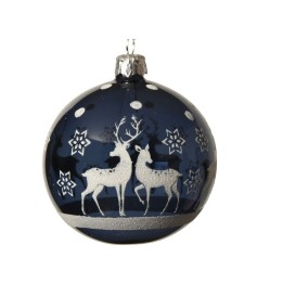 A dark blue ornament featuring silver reindeer and snowflakes against a glossy finish.