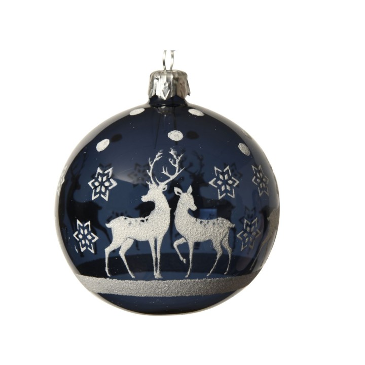 Diepblauwe kerstbal met zilveren rendieren en sterren, glanzend en elegant afgewerkt.