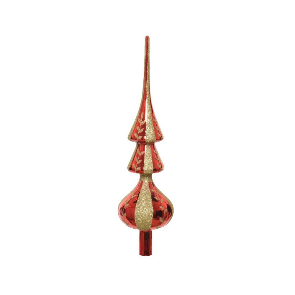 A vibrant red and gold decorative tree topper with elegant, layered shapes.