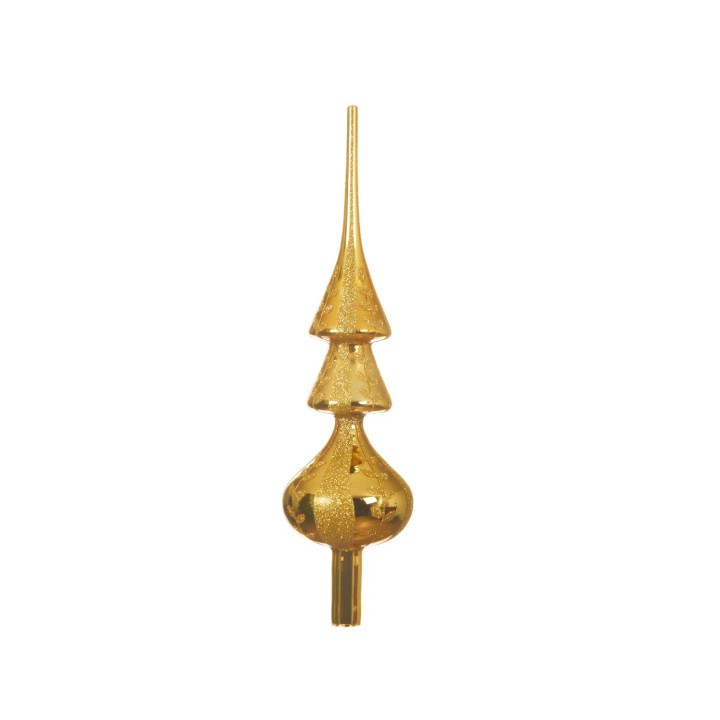 Gouden ornament met een gestileerde, puntige top en ronde vormen, elegant en glanzend.