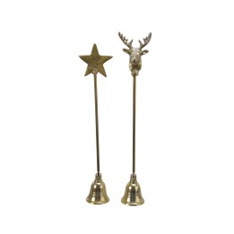 Twee decoratieve belletjes met een ster en een hert als bovenstukken, in een vintage stijl.