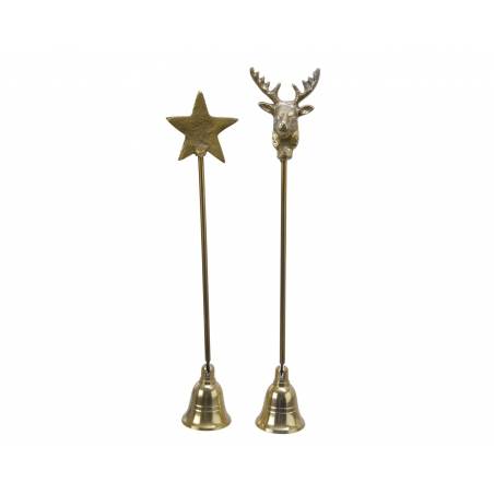 Two decorative brass bells with a star and a deer head on top, elegant and festive.