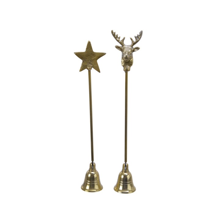 Twee decoratieve belletjes met een ster en een hert als bovenstukken, in een vintage stijl.