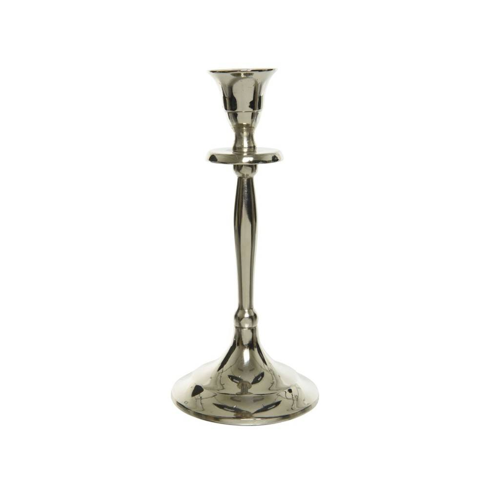 A sleek, polished silver candlestick with a graceful, elongated shape and a wide base.