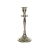 A sleek, polished silver candlestick with a graceful, elongated shape and a wide base.