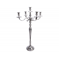 A tall, shiny silver candelabra with five gracefully curved arms and a sleek base.