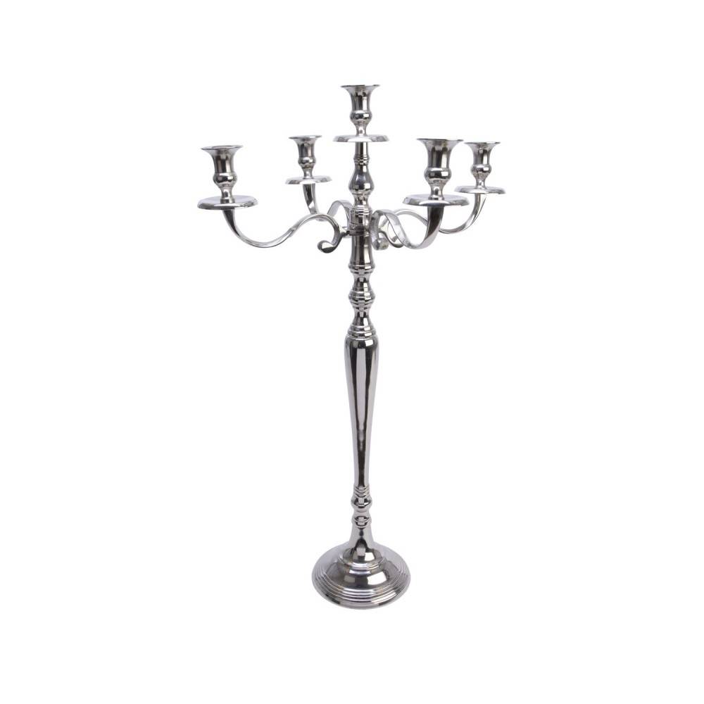 A tall, shiny silver candelabra with five gracefully curved arms and a sleek base.